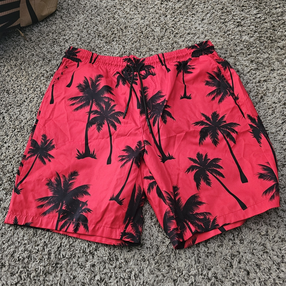 NFINITY Red and Black Palm Tree Swim Trunks